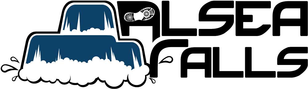 A logo for alsea falls with a waterfall in the background