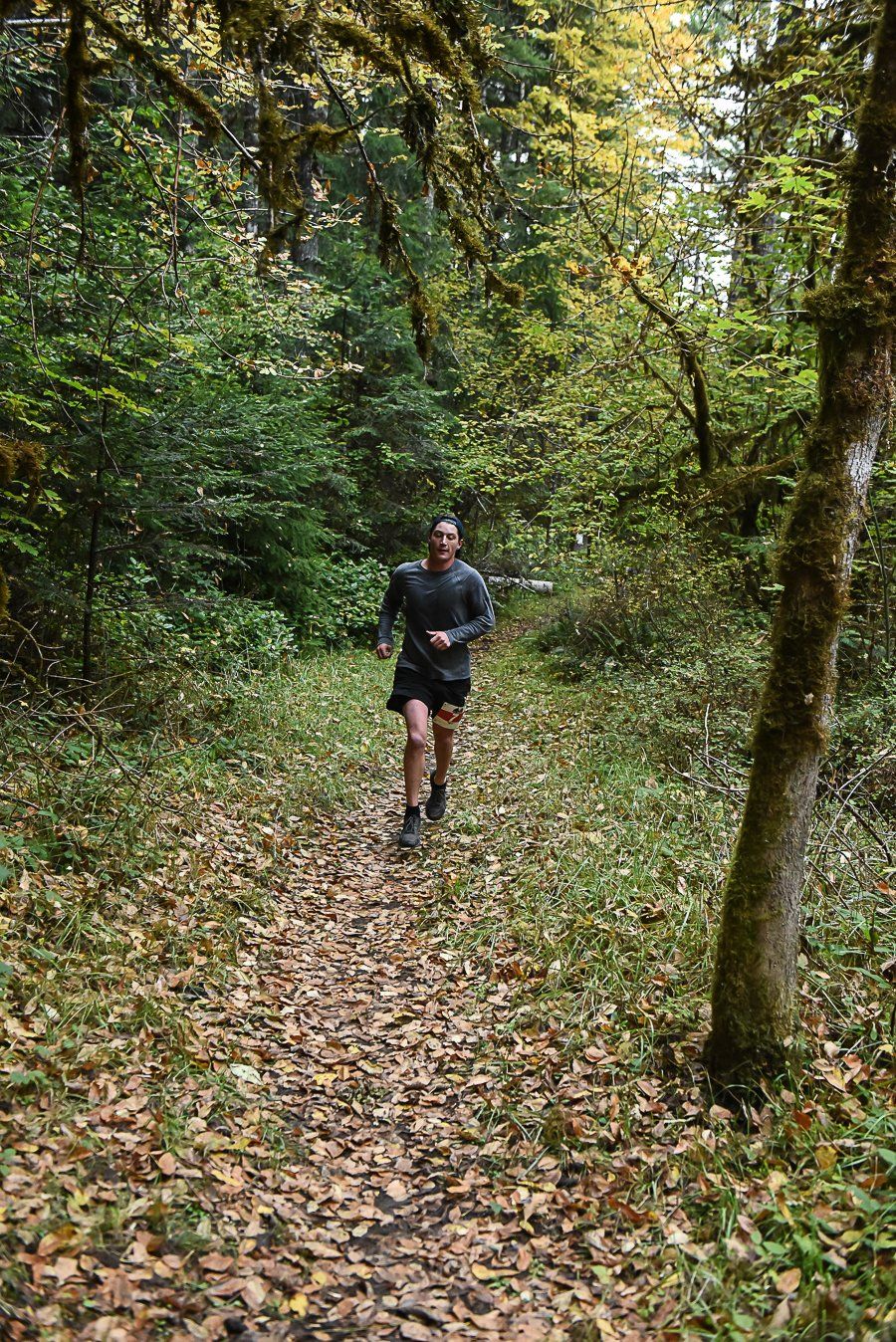 A man is running down a trail in the woods.