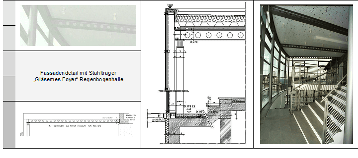 Technische Collage mit Details zur Stahlfachwerk-Dachkonstruktion, Architekturzeichnungen und einer Innenansicht.