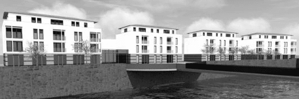 Eine schwarz-weiße Architekturzeichnung einer Reihe moderner Wohnhäuser an einem Wasserufer mit einer kleinen Brücke.