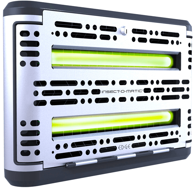 edge flylight unit Insect-o-matic EDGE bug zapper with two green fluorescent lights, silver casing, and horizontal ventilation slots.