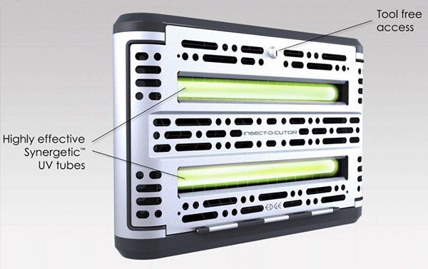Insect light trap with UV tubes for attracting and catching insects.