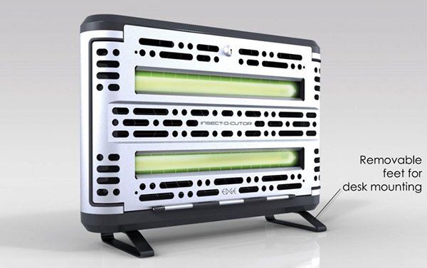 Insect trap with perforated metal casing, two UV lights, and removable feet for desk mounting.