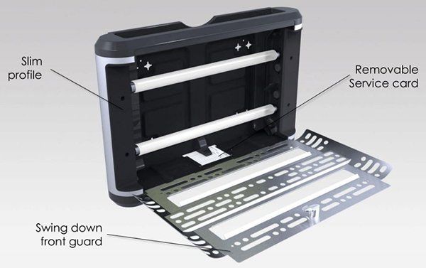 Open fly trap with swing-down front guard, slim profile, and removable service card.