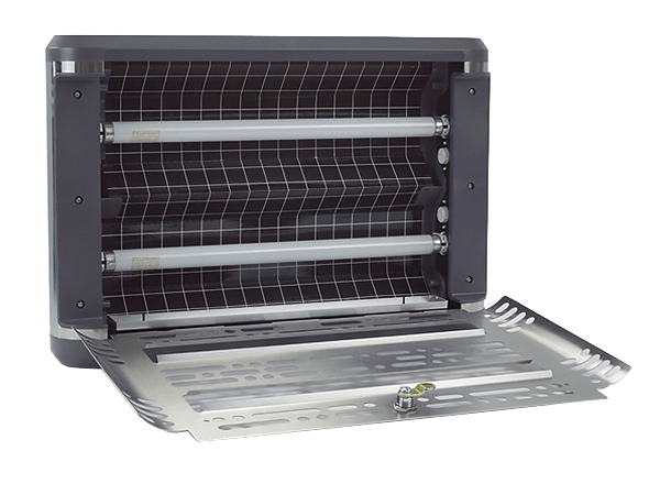 edge glueboard open Bug zapper with metal grid, fluorescent lights, and removable tray.