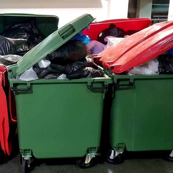 Green and red trash bins filled with black trash bags; lids are open.