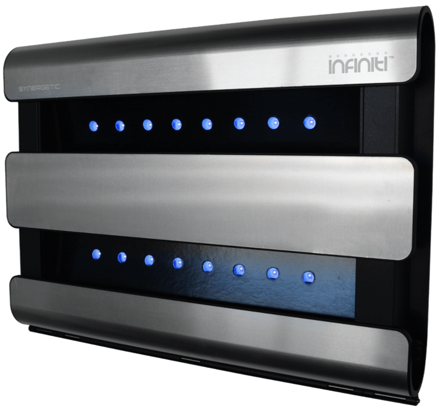 edge flylight unit Modern wall-mounted air purifier with stainless steel panels and blue LED lights.