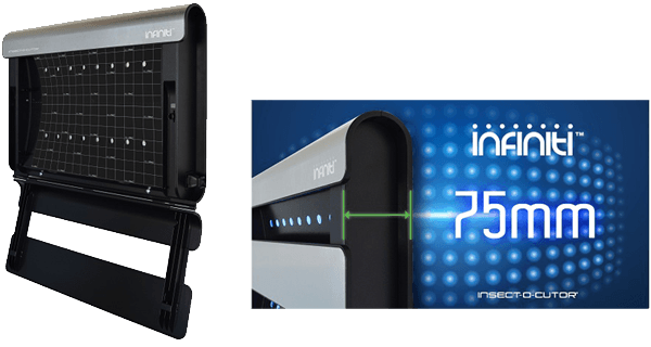 infiniti unit A black and silver insect killer with a grid and LED lights, shown with a graphic emphasizing its 75mm thickness.