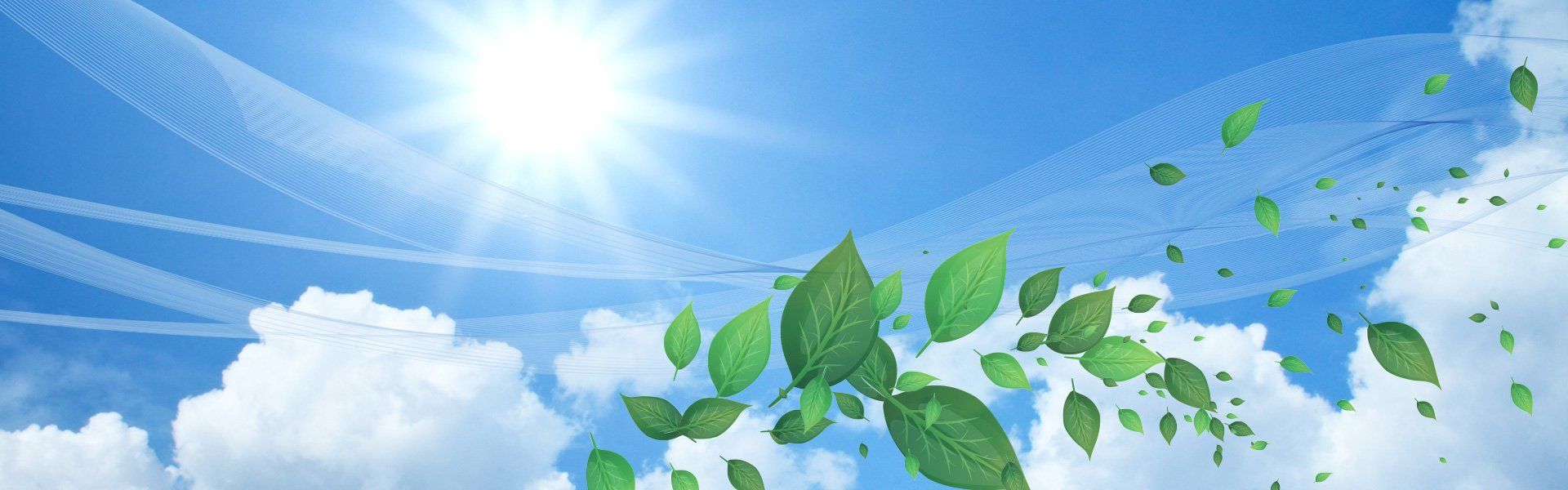 Bright sun in blue sky with white clouds and floating green leaves.