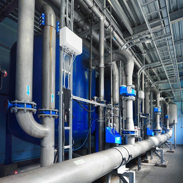 Industrial pipes and tanks in a processing facility, blue and silver, arrows indicate flow direction.