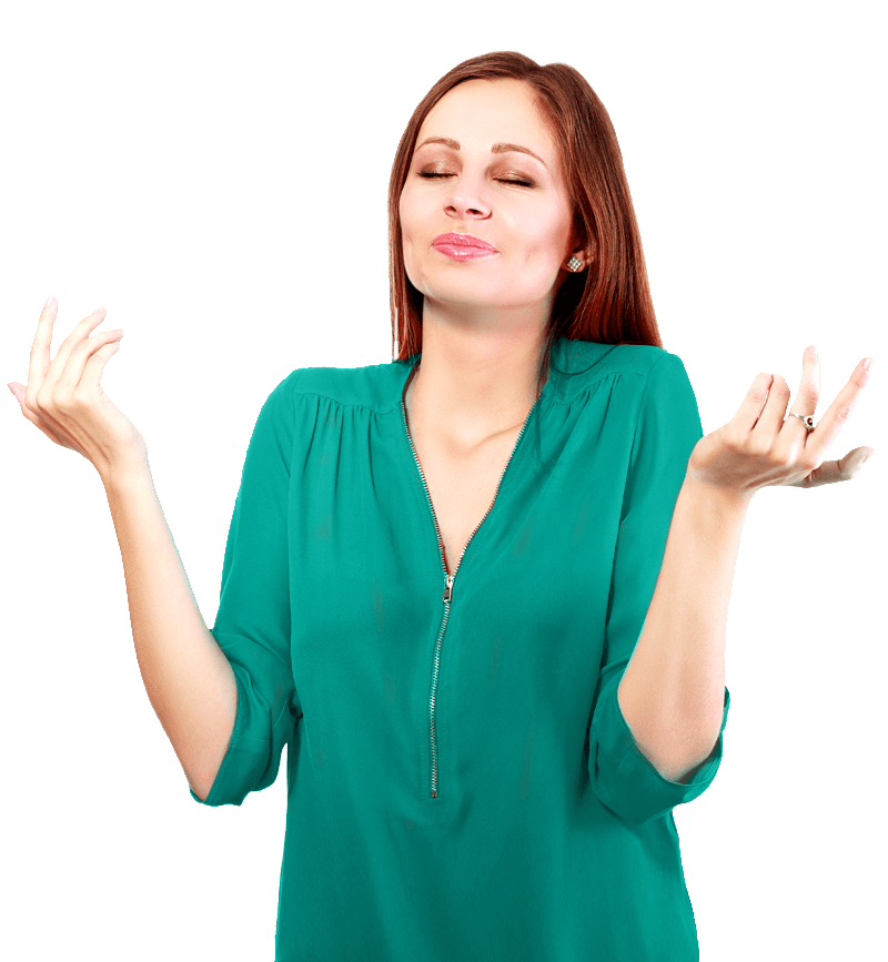 Woman in teal top shrugs, eyes closed, palms up.