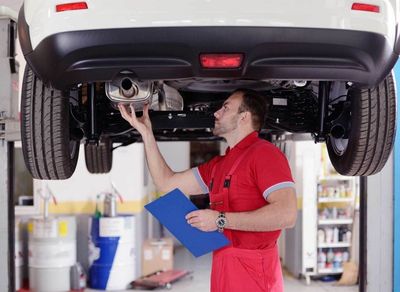 Shocks — Mechanic Checking the Muffler in Pennsauken, NJ