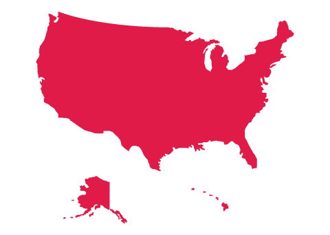 Red outline of the United States, including Alaska and a portion of Hawaii.