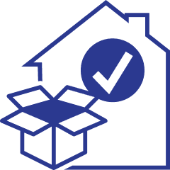 Blue house outline with a check mark inside a circle, next to an open box.