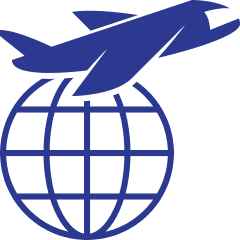 Blue airplane flying above a blue globe.