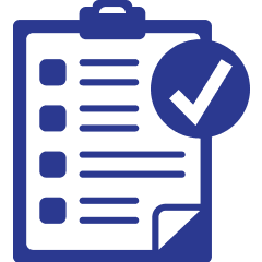 Blue checklist with a checkmark, indicating completion.