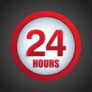 A sign that says 24 hours in a red circle