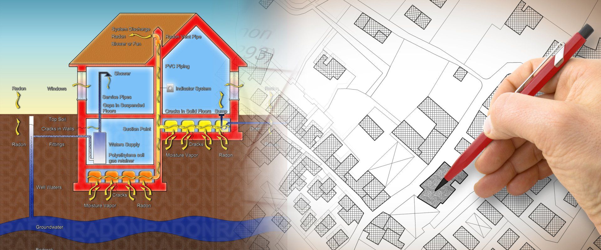 Cross-section of a house with geothermal system, and a person drawing on a blueprint.