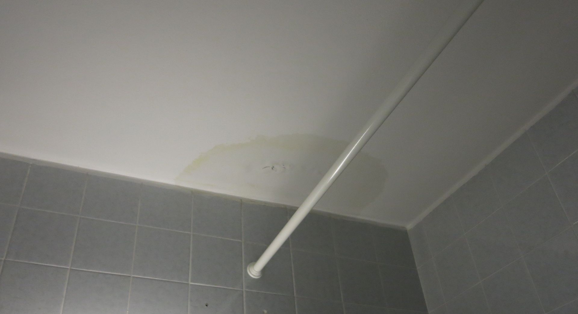 Von der Decke eines Badezimmers hängt eine Duschvorhangstange.