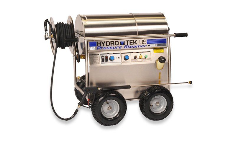 A stainless steel machine with wheels and a hose attached to it.