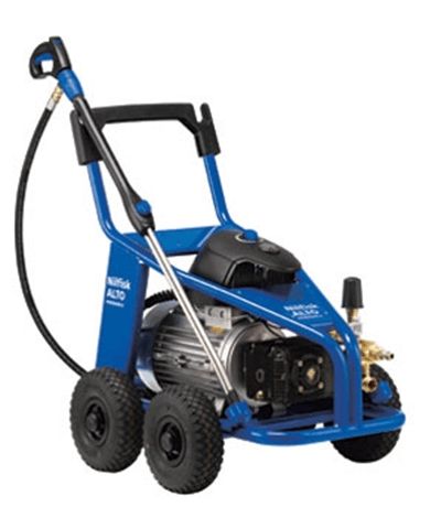A blue high pressure washer with a hose attached to it