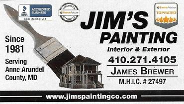 Jim’s Painting ad with house and brush, serving Anne Arundel County since 1981, phone 410-271-4105.