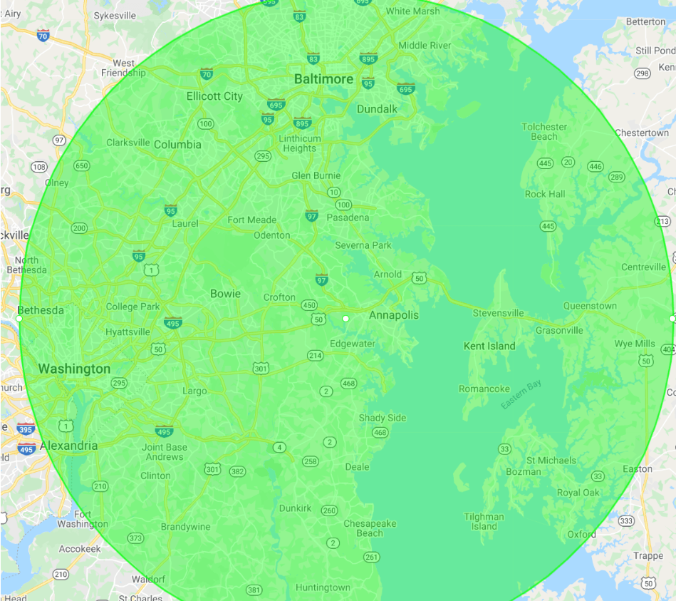 Map of the Washington, D.C. area with a large translucent green circular overlay centered on the city.