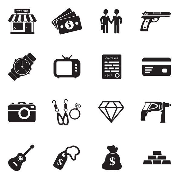black and white graphics of items commonly sold at pawn shops