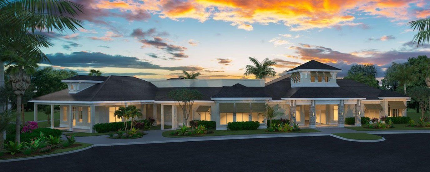 An artist 's impression of a large house with a sunset in the background.
