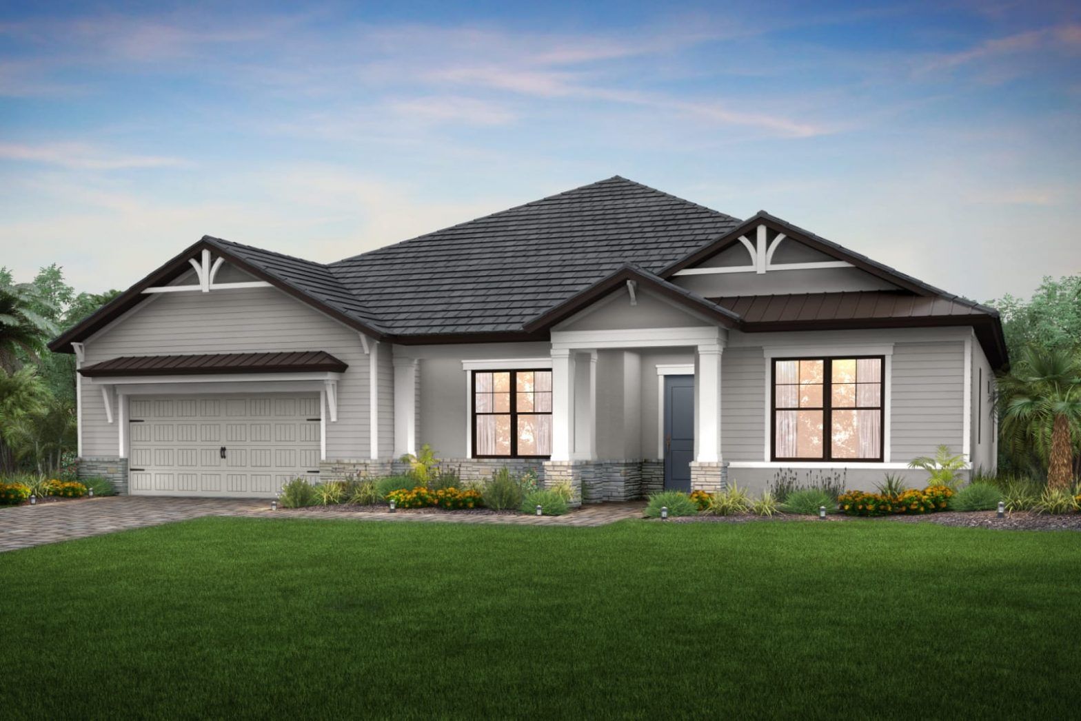 An artist 's impression of a new home with a large lawn in front of it.