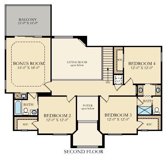 A floor plan of a house with three bedrooms and a balcony.