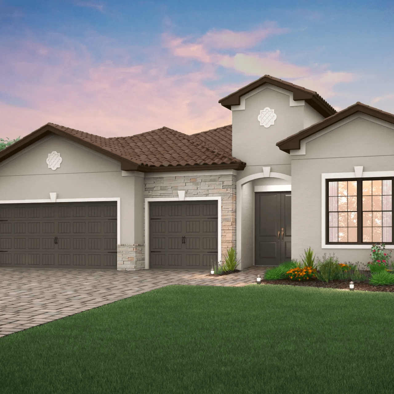 A house with two garage doors and a large window