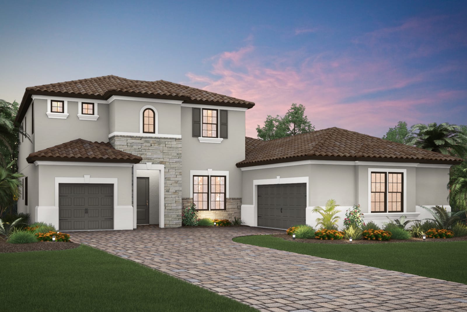 An artist 's impression of a house with two garages and a brick driveway.