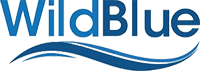 A blue and white logo for wildblue with a wave in the middle.