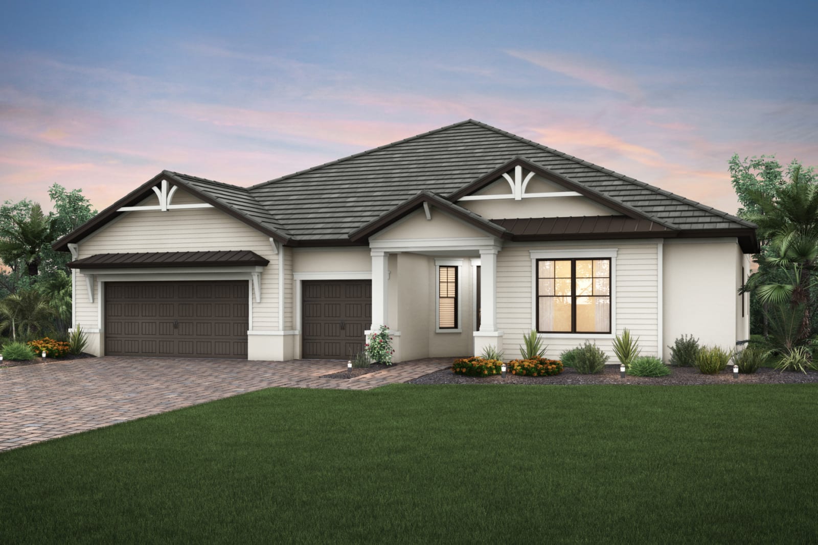 An artist 's impression of a house with a large lawn in front of it.
