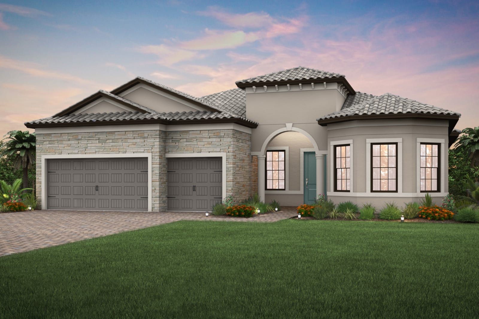 An artist 's impression of a new home with two garages.