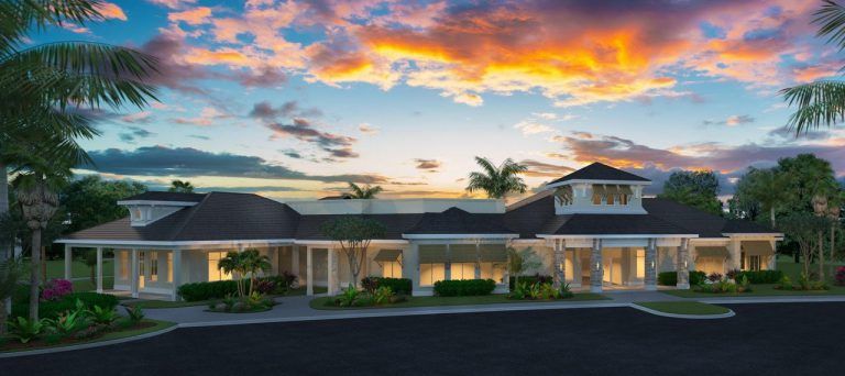 An artist 's impression of a clubhouse with a sunset in the background.