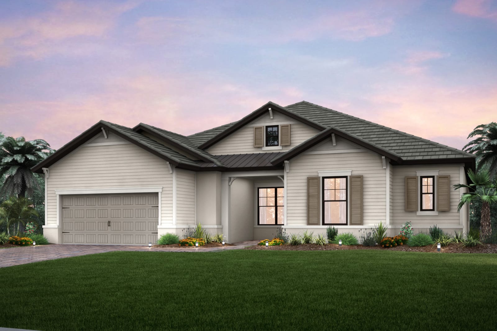 An artist 's impression of a house with a large lawn in front of it.