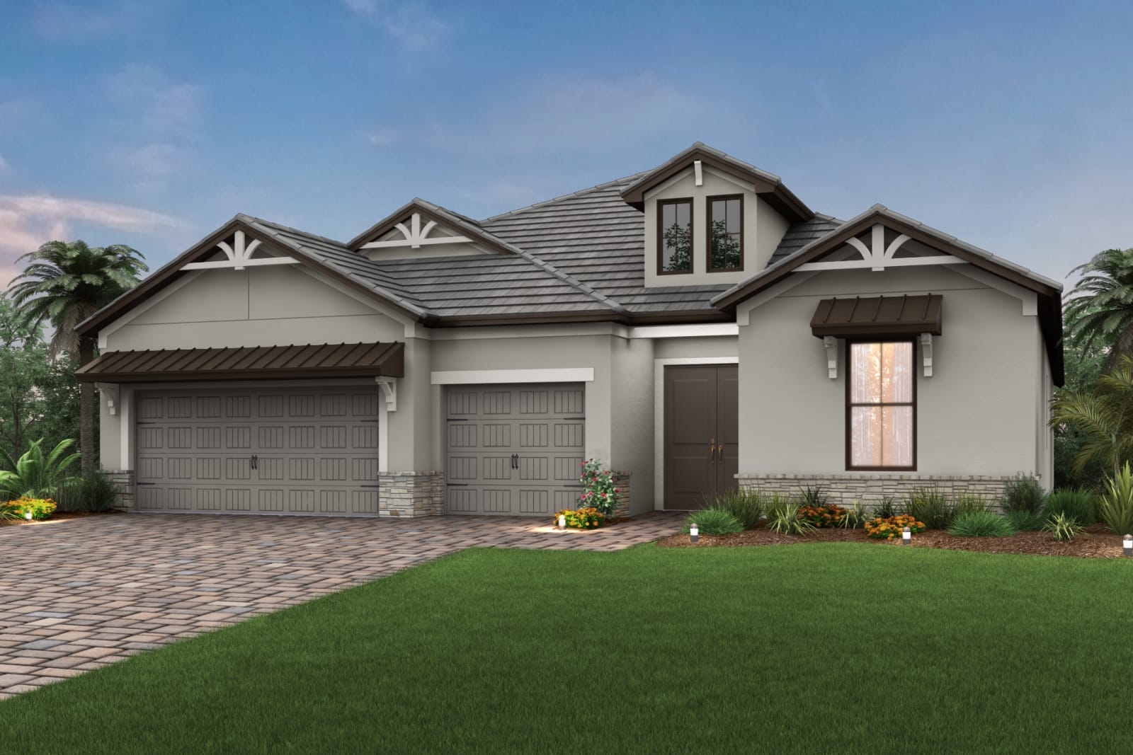 A rendering of a house with a large lawn in front of it.