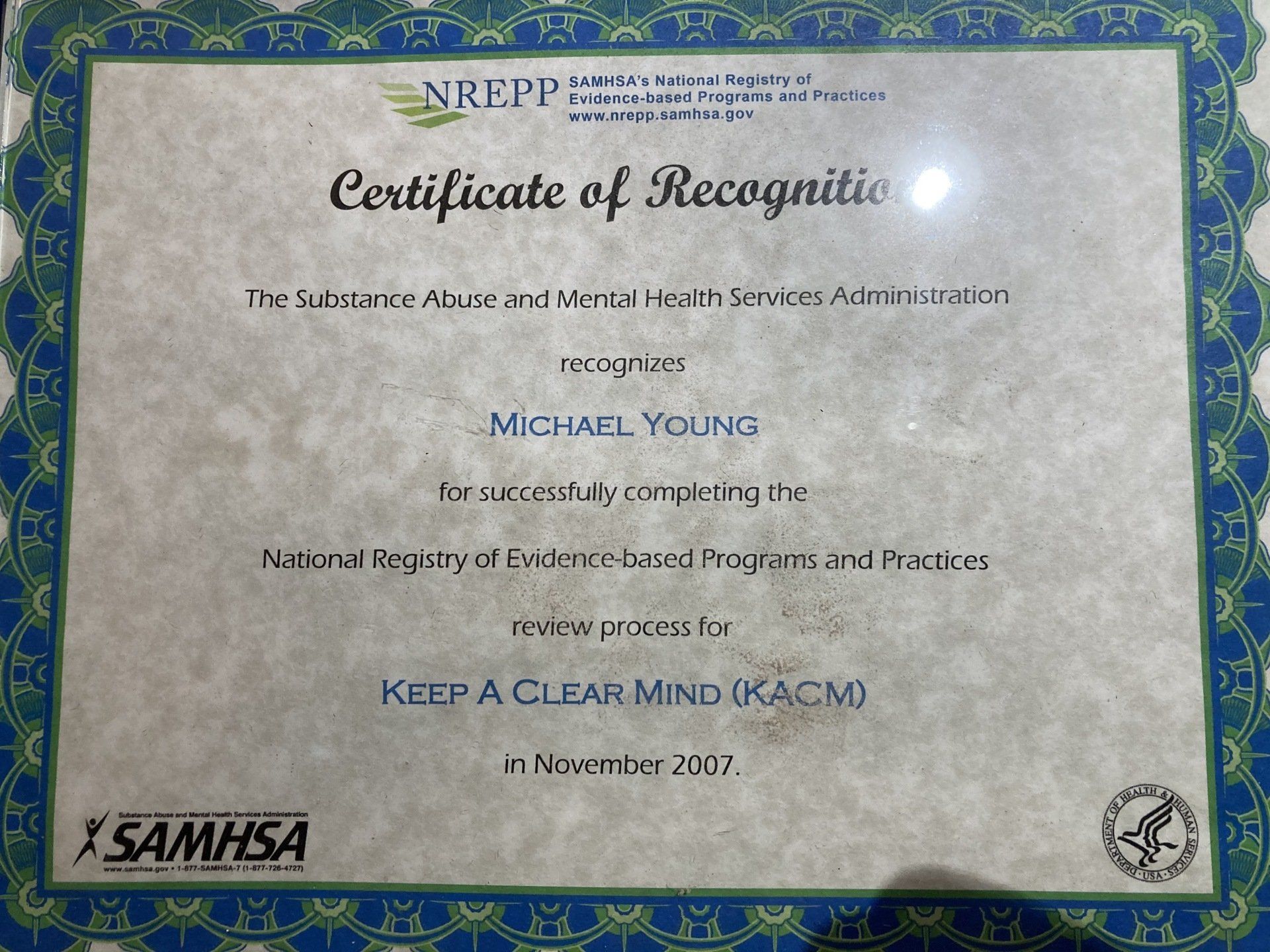 Keep A Clear Mind is part of NREPP and SAMHSA Certificate of Recognition to the NREPP and SAMHSA