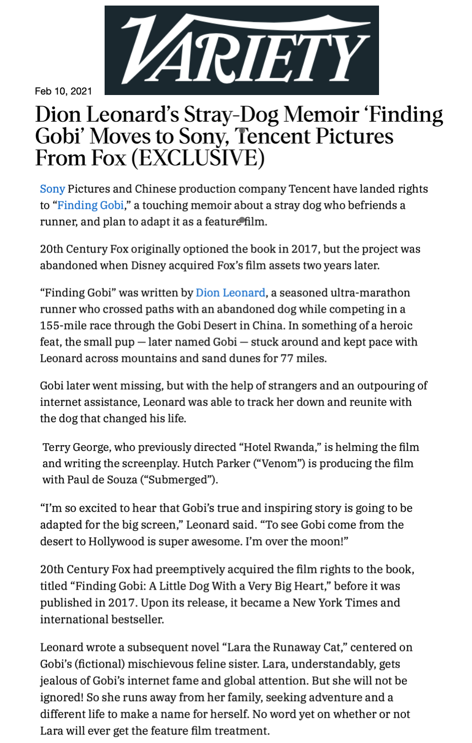Finding Gobi Movie, Dion Leonard, Hutch Parker, Sony, Tencent., Paul De Souza, Terry George