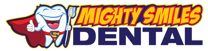 Mighty Smiles Dental, Dallas & Fort Worth. The logo for mighty smiles dental has a picture of a tooth wearing a cape.