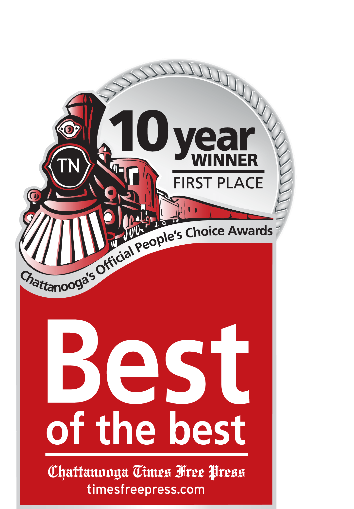 A red sign that says 10 year winner first place best of the best