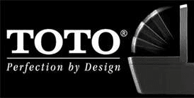 A black and white logo for toto perfection by design with a toilet in the background.