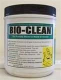 A jar of bio-clean powder is sitting on a table.