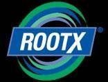A blue and green logo for rootx on a black background.