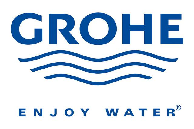 A blue and white logo for grohe enjoy water