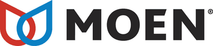 A moen logo with a red and blue circle and the word moen on a white background.