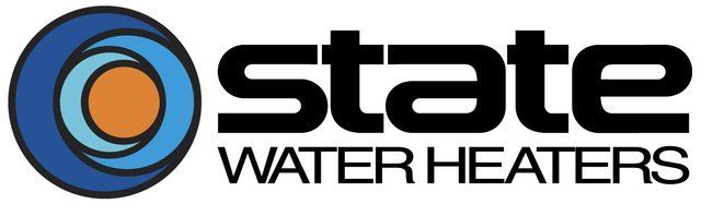 A logo for state water heaters with a blue and orange circle.