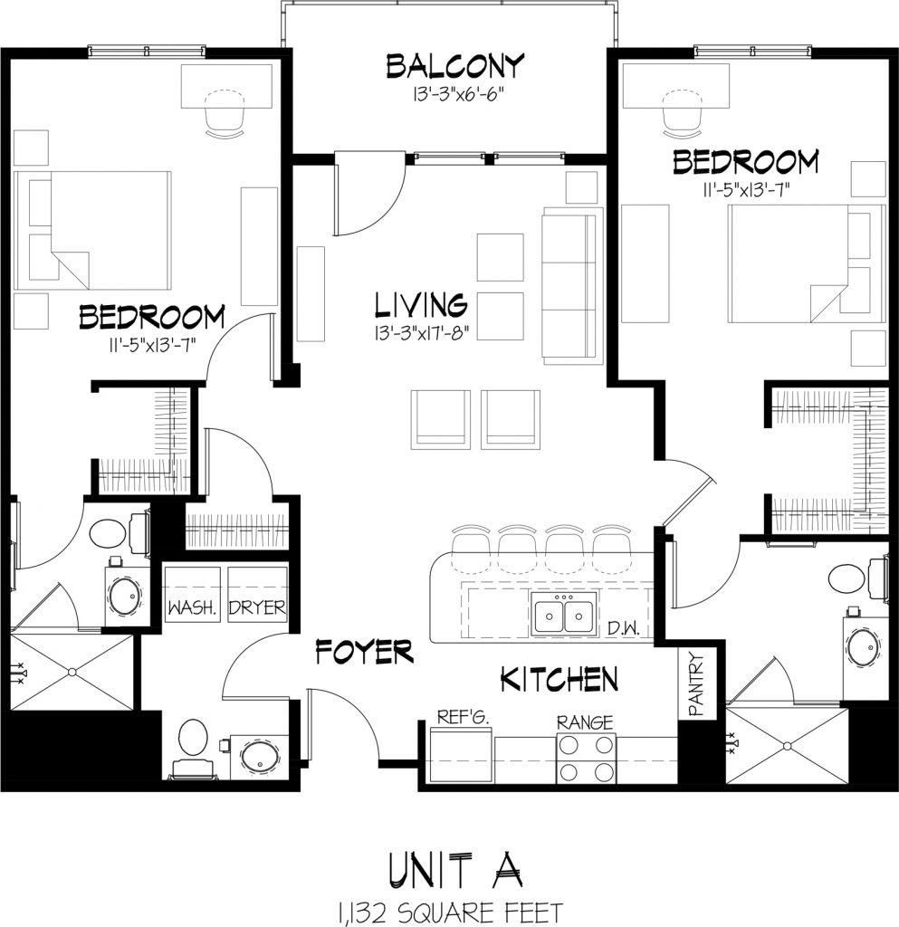 Unit A Two Bedroom Floor Plan | Varsity House